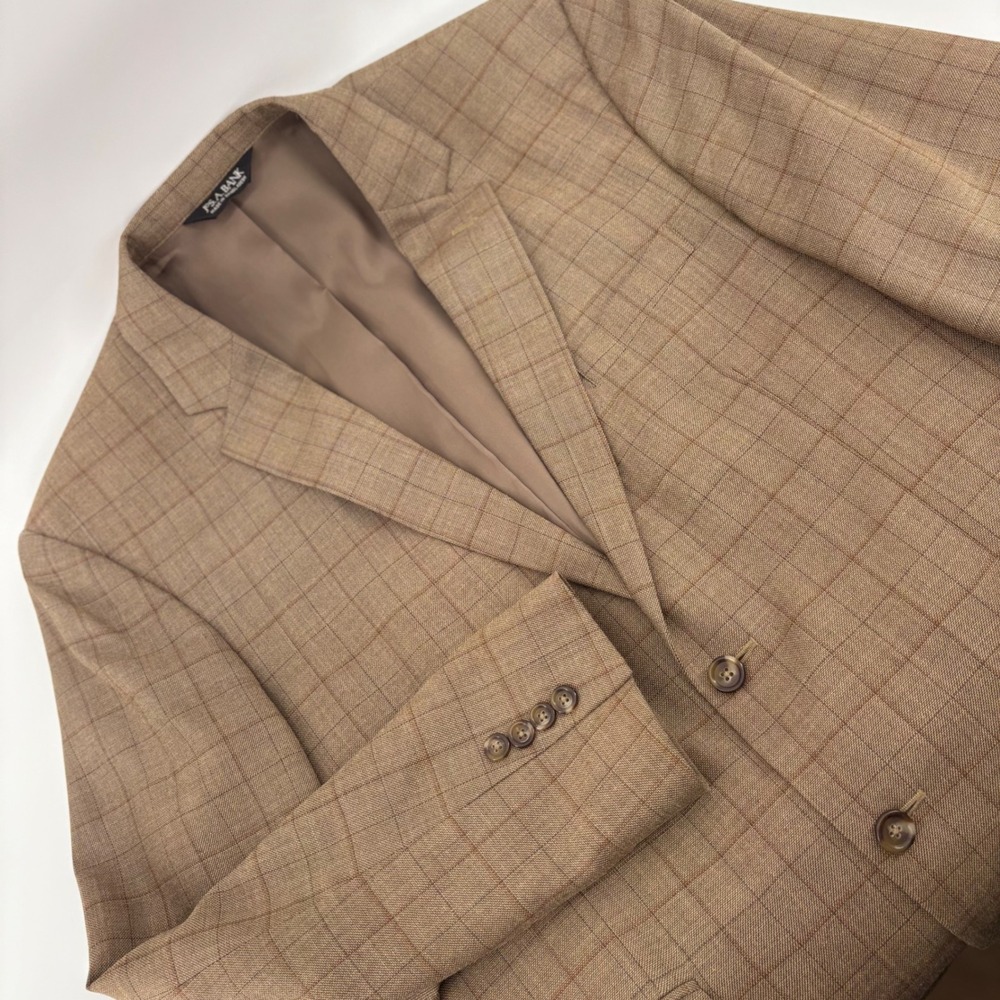 Jos A Bank‎ 43R Traveler's Collection Brown Tailored Fit Windowpane Plaid Blazer